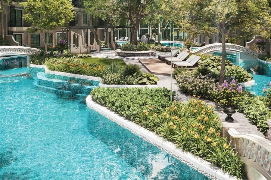 Garden pool with tropical landscaping