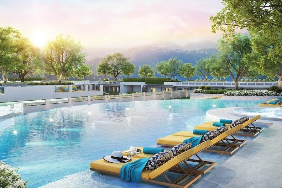 Resort pool at sunset